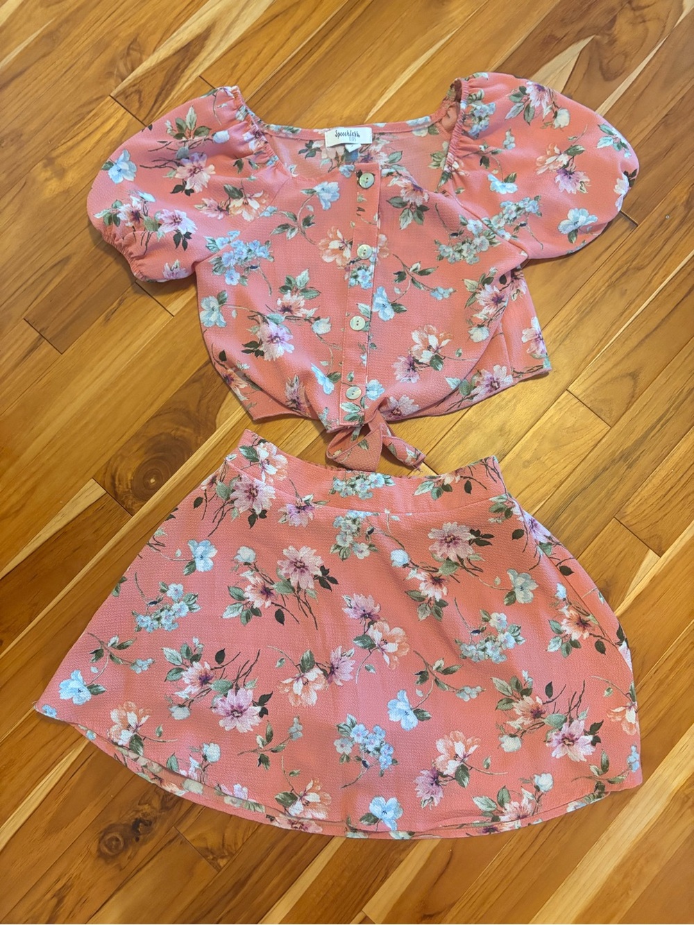 Floral Two-Piece Crop Top & Skirt Set - Coral Pink